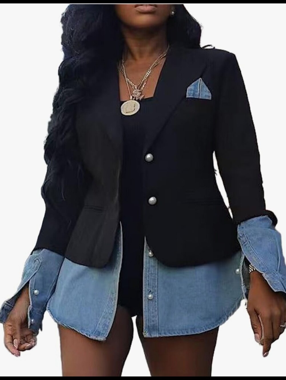 Black Women's Blazer with Denim Trim